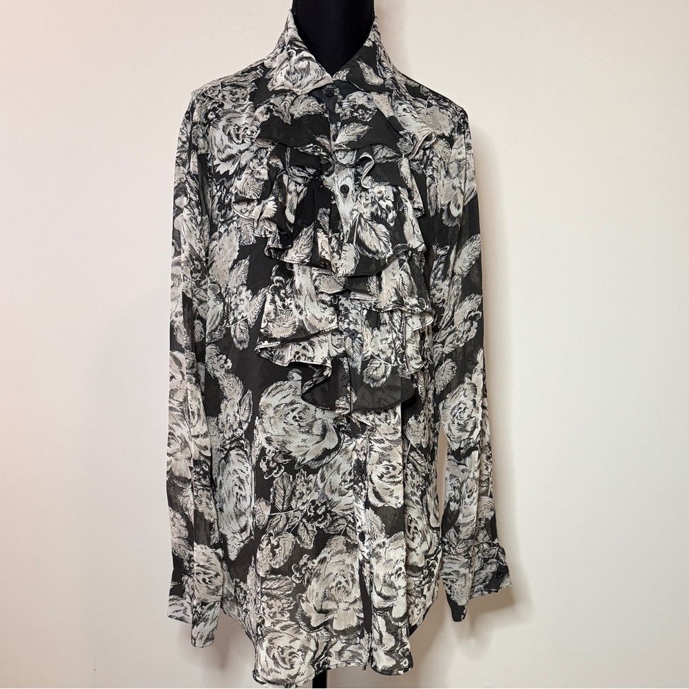Cabi Womens Ruffle Front Floral Print Long Sleeve‎ Shirt Size L